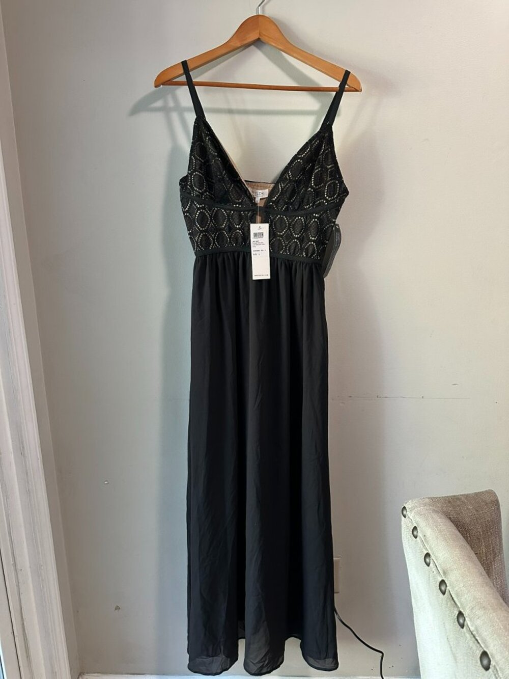 NWT WYLDR Last Night Black Lace Plunge Maxi Dress L